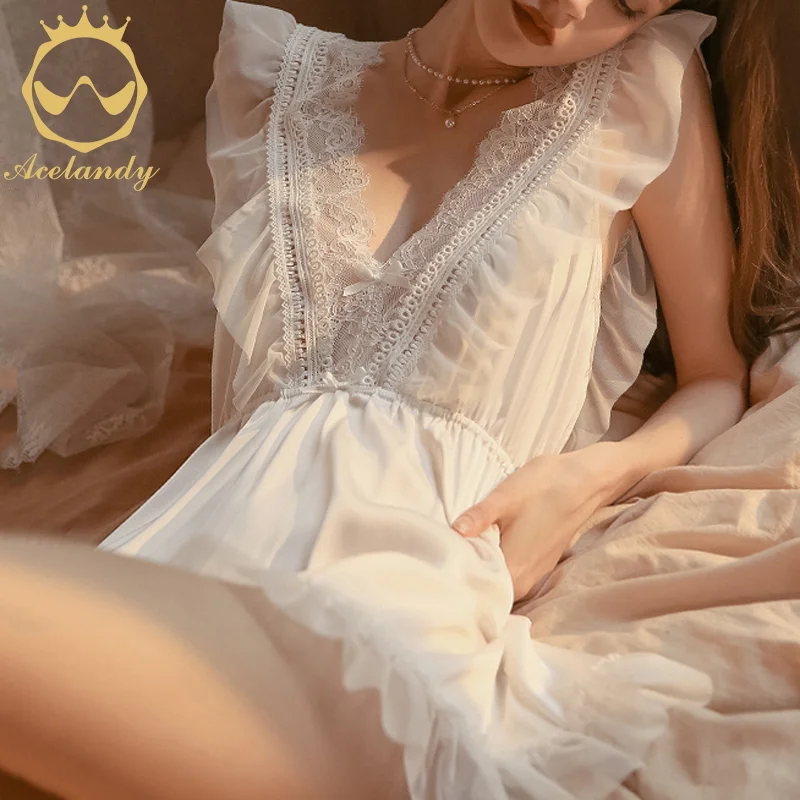 ACELANDY-Womens Sexy Sleepwear Deep V-Neck Nightdress Comfortable Casual Backless Nightgown Lace Pajama Bow Female Nightwear