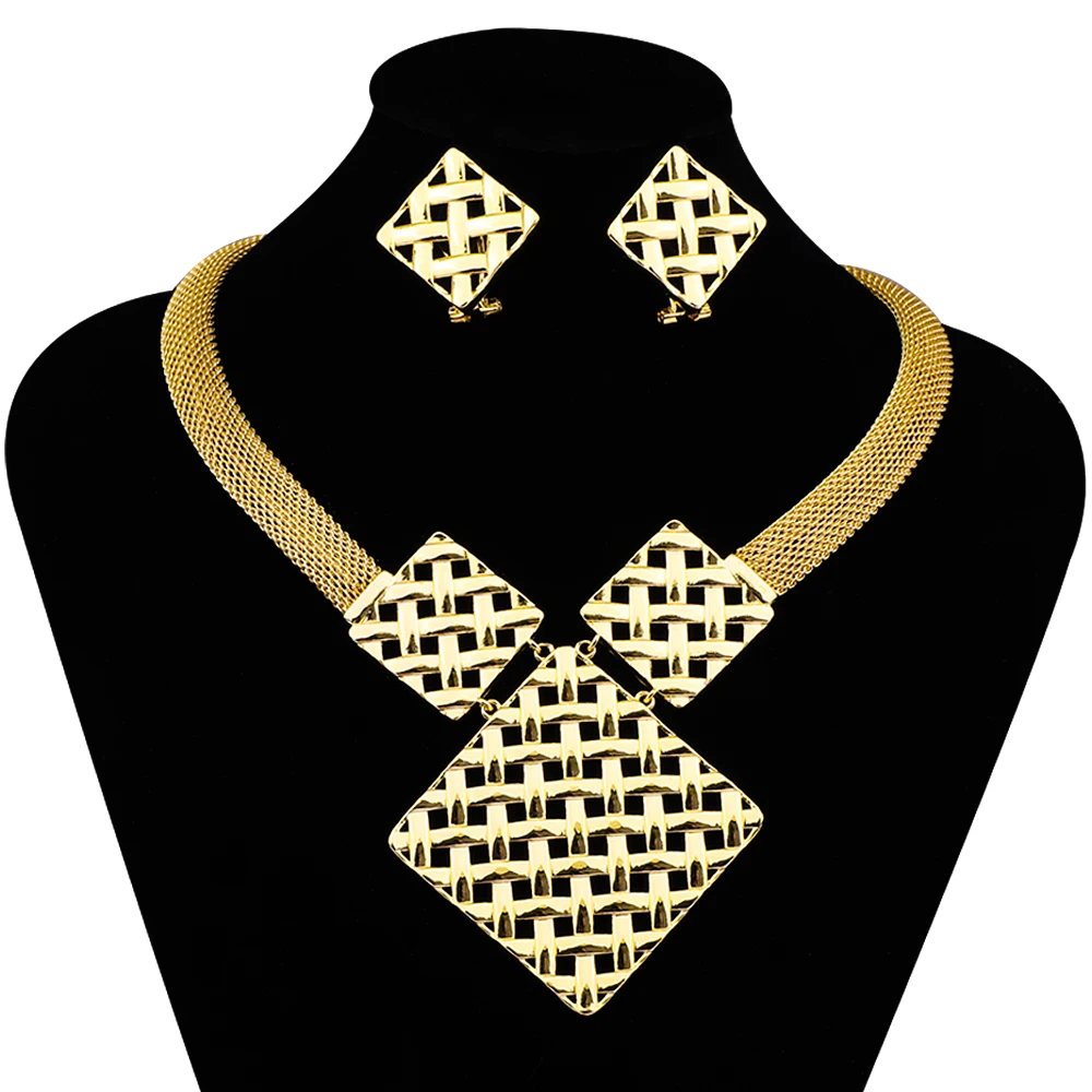 

African Gold Color Exquisite Jewelry Women's Necklace Earrings Set Diamond Cut Out Design Fashion Classic Style Birthday Gift