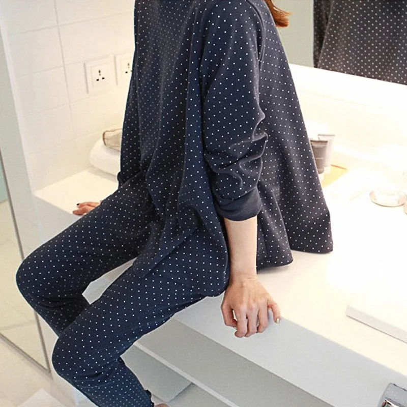 

2PCS Women Pajamas Sets Autumn Spring 100% Cotton Sleepwear Navy Dot Print Round Neck Long Sleeve Pyjamas Home Suit