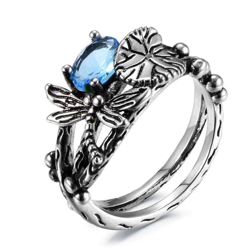 

Vintage Qualities Silver Colors Dragonfly Lotus Rings for Women Trendy Metal Inlaid Blue Stone Wedding Ring Engagement Jewelry