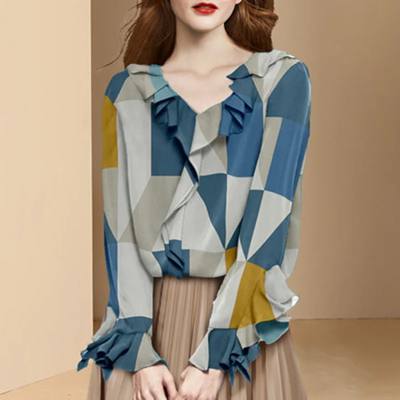 

Summer Loose Women's Blouse Large Size 2022 New Printing Elegant Shirt Long Sleeves High Street Top Ruffles Female Clothing