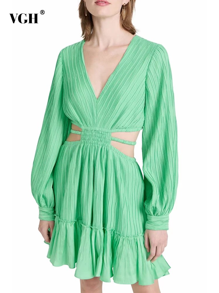 

VGH Solid Hollow Out Casual Dress For Women V Neck Long Sleeve High Waist Mini A Line Dresses Female Fashion Summer Clothes 2022