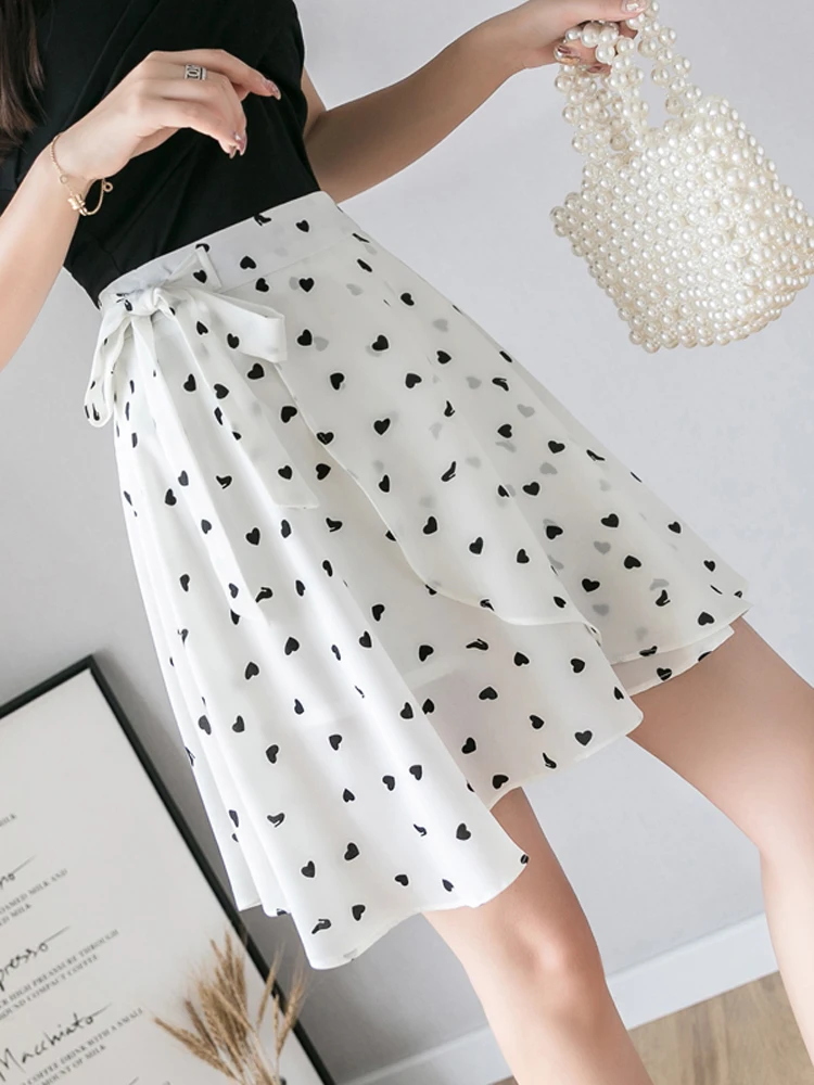 

Summer Black White Polka Dots Skirt Female Loose Chiffon Women Skirt College Holiday Korean Fashion Short Faldas