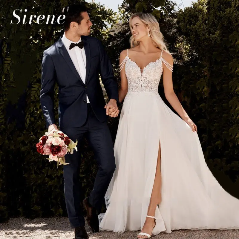 

Женское свадебное платье It's yiiya, белое шифоновое платье трапециевидной формы на бретельках с разрезом сбоку на лето 2019