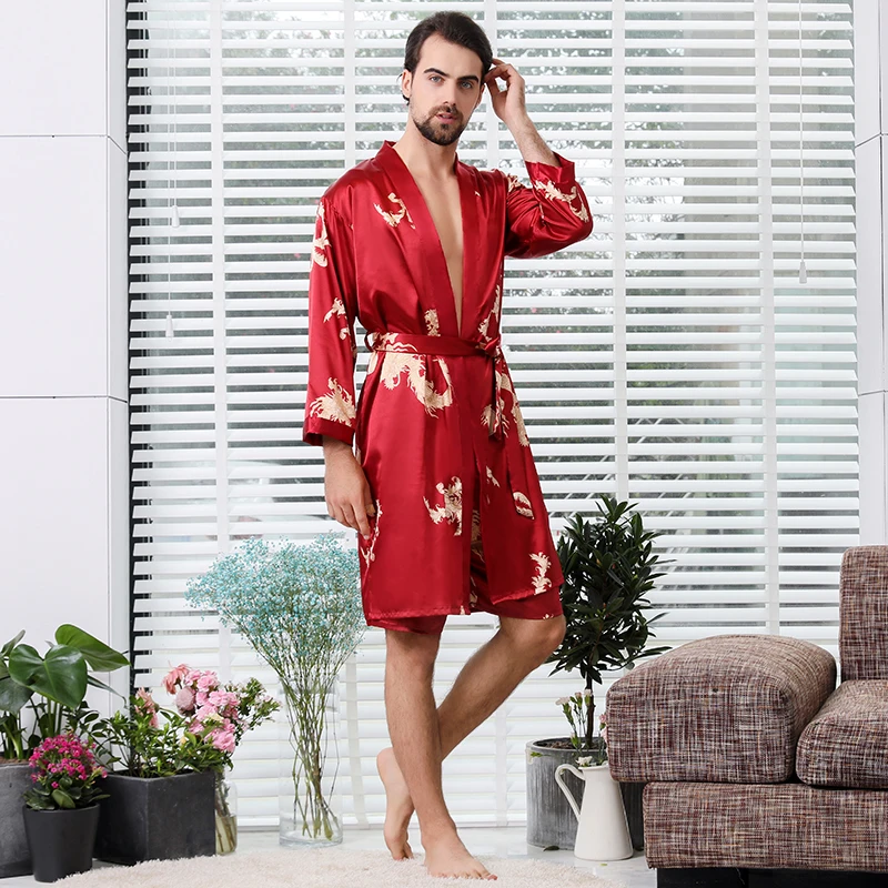 High-end Inoble Imitation Silk Men's Bathrobe Shorts Two-piece Large Size Men's Pajamas Pajamas Home Clothes