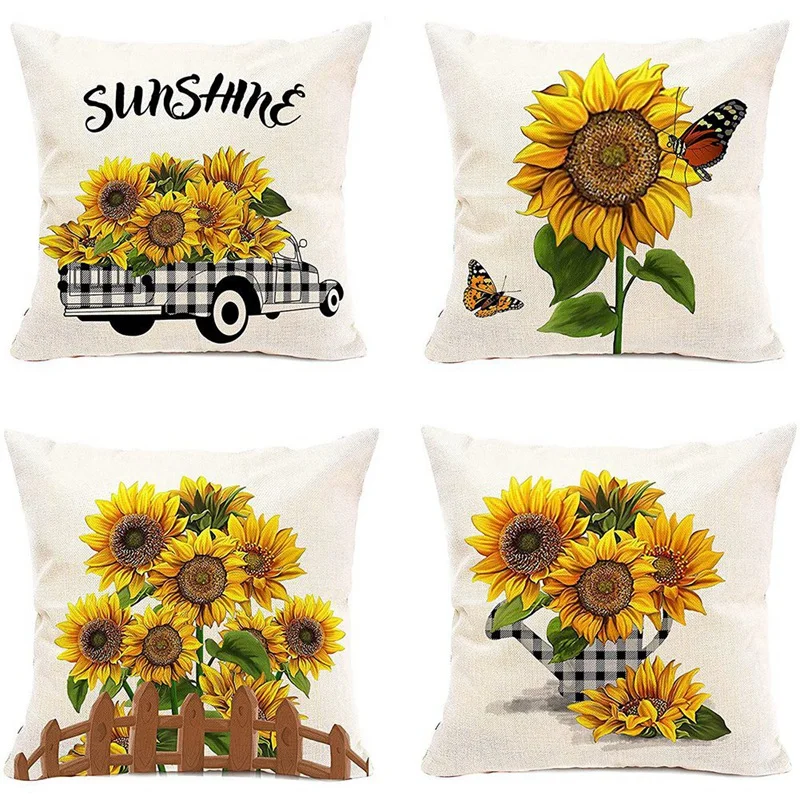 

Summer Sunflower Pillow Covers 18X18, Farmhouse Throw Pillow Cover Decorative Set Of 4, For Home Decor