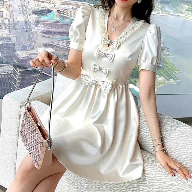 

Brand Fashion V-Neck Lace Bow Sweet White Short Sleeve A-Line Midi Dress Fall New 2022 Korean Fashion Holiday Designer Clothing