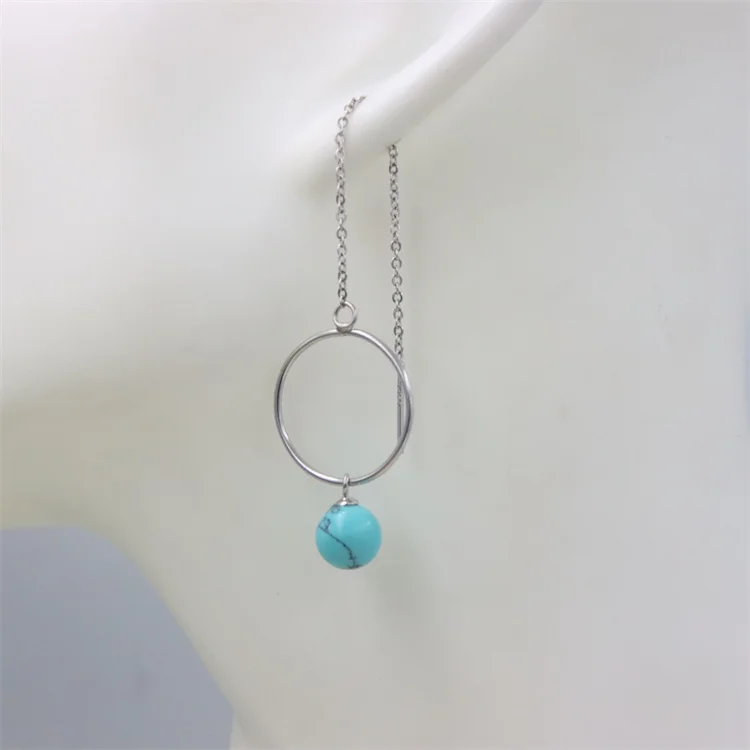 

ZFSILVER Earrings Sterling 925 Silver Stone Synthetic Green Turquoise Ear Line Eardrop For Women Jewelry Drop Gifts Girl Party