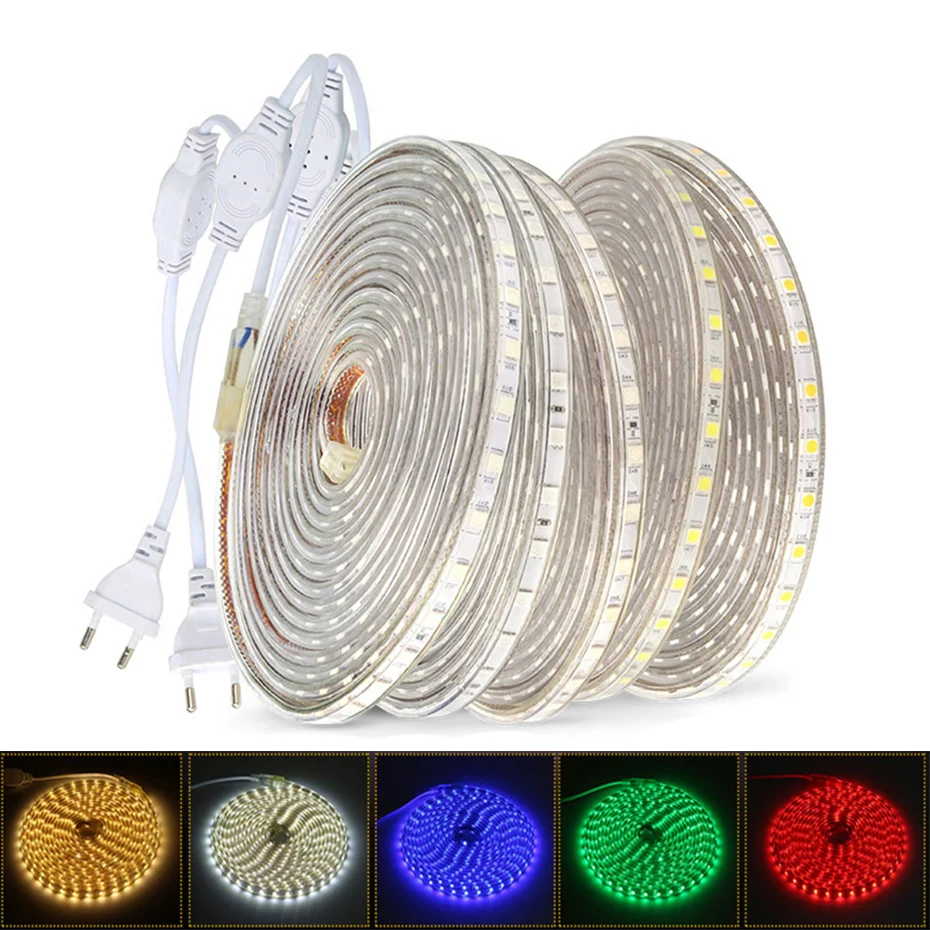 

2M 5M 10M 15M 20M 25M LED Strip 220V Waterproof 5050 SMD 60LEDs/m White Blue RGB Tape Garden Outdoor Lights Home Decoration Lamp