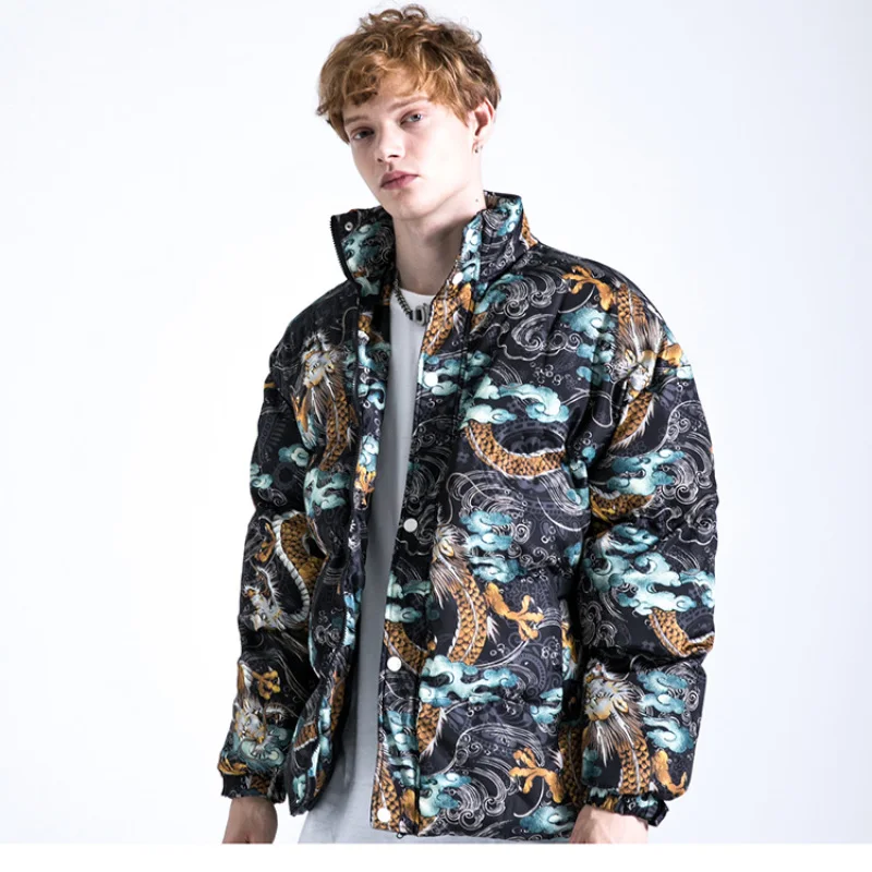 Fashion Dragon Cloud Printed Jackets Mens Hip Hop Parka Bomber Coats Harajuku Cotton Padded Winter Warm Zipper Coat Outerwear