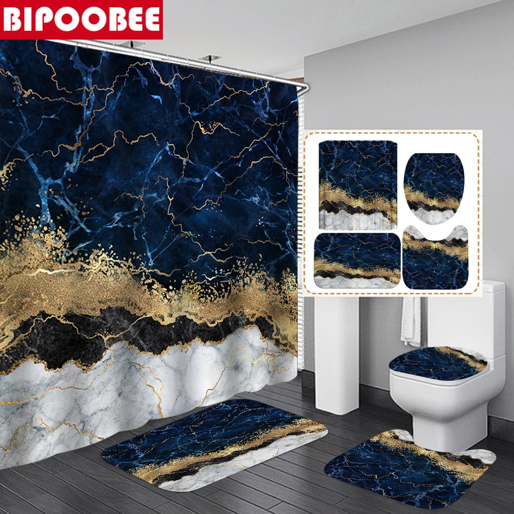 

Marble Shower Curtain Golden Veins Pattern Bathroom Curtains Set Bath Mats Pedestal Rugs Toilet Lid Cover Anti-slip Carpet