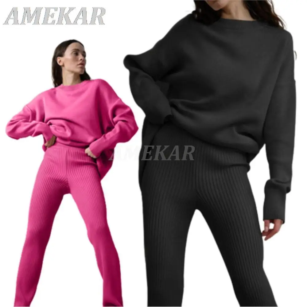 

Women's Winter Cashmere Thick Soft Knitted Suits Casual Solid Tracksuit Set Lady O Neck Sweater&Wide Leg Pants 2 Pieces Sets