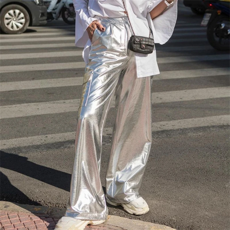 

Clothland Women Elegant Silver Pants Zipper High Waist Casual Streetwear Fashion Trousers Pantalones De Mujer KA326
