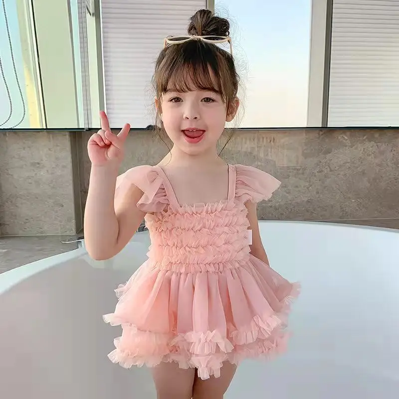 

Мини-платье принцессы, новое летнее платье для маленьких девочек, розовое Сетчатое платье на бретельках без рукавов с аппликацией, детская одежда для дня рождения, купальник