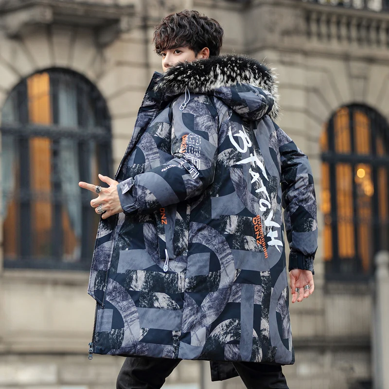 2022 New Mens Winter Mid-Length Cotton-Padded Jackets Outwear Casual Camouflage Parkas Hooded Long Coats Thick Warm Youth Tops