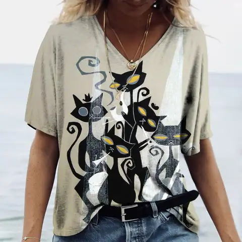 2023 Fashion Womans T-shirt V-neck Cat Print Short Sleeve Tops Casual Abstraction Female Tees Oversized Y2k Clothing For Ladies