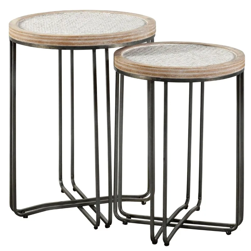 

Ryder - Nested Round Tables - Metal and Fir Wood with Woven Rattan Top - Washed Ivory Finish - Set of 2