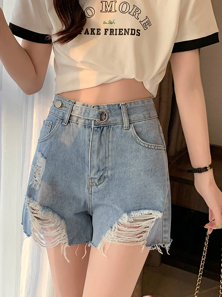 New Streetwear Women High Waist Loose Hole Frayed Blue Denim Shorts Spring Summer Female Wide Leg Button Jeans Shorts