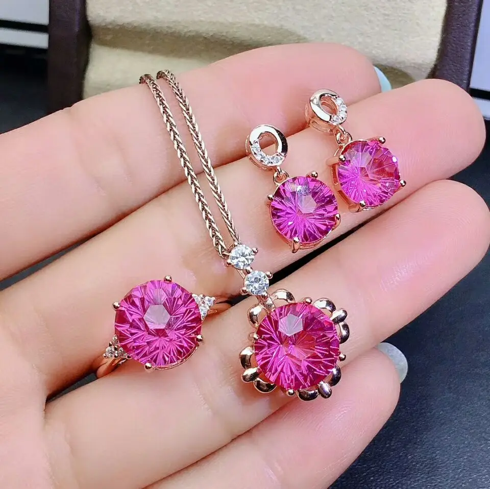 

MeiBaPJ Natural Amazing Pink Topaz Gemstone Flower Jewelry Set 925 Pure Silver 3 Pieces Suit Wedding Jewelry for Women