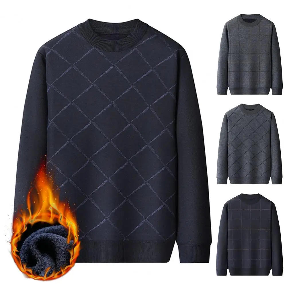 Мужской свитер с круглым вырезом длинным рукавом флисовой подкладкой и