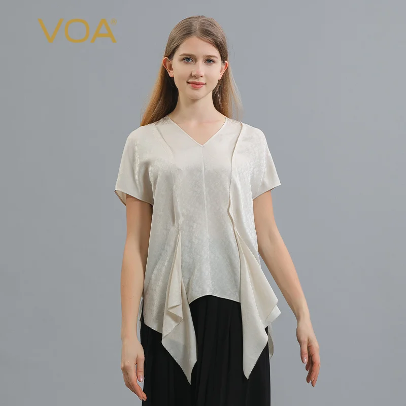 

VOA Jacquard Mulberry Silk Round Neck Three-dimensional Decoration Loose Reathable Daily Wear Short-sleeved Silk T-shirt BE1079