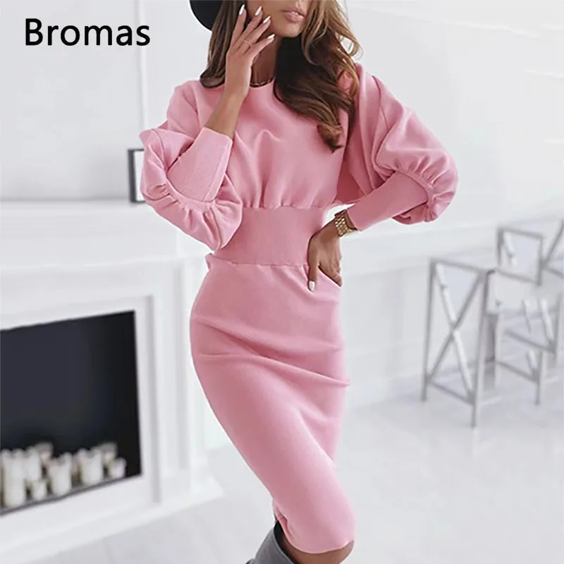 

2023 Spring Women's Fashion Elegant Party Dress Casual Solid Standing Neck Long Sleeve Slim Fit Dress