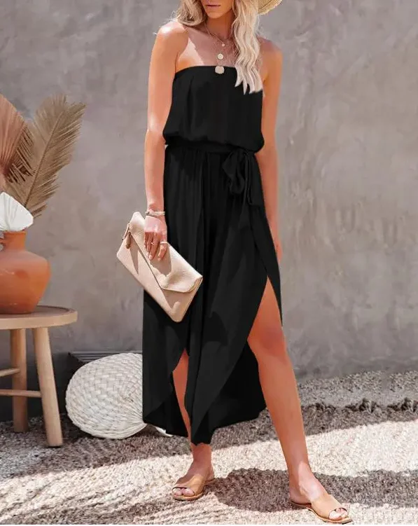 Summer Woman Jumpsuit Flowy Bandeau Lace Patch Slit Wide Leg Jumpsuit Elegant Multicolor Loose Bodysuit Fashion Streetwear