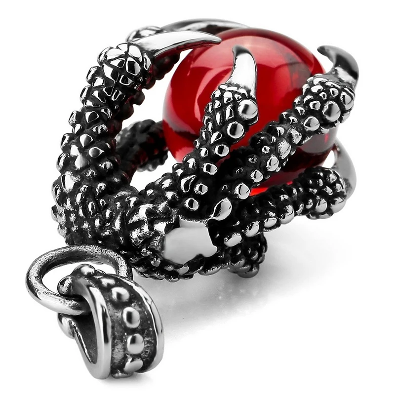 

10X Stainless Steel Pendant Necklace CZ Red Dragon Claws Bead Gothic Men ,23 Inch Chain