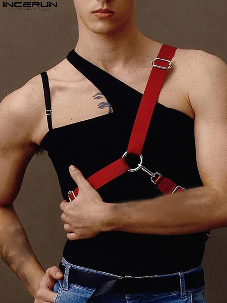 

INCERUN Men's Tank Tops Solid Color Sleeve Personality Skinny Irregular Suspenders Vests 2022 Streetwear Sexy Men Clothing S-5XL