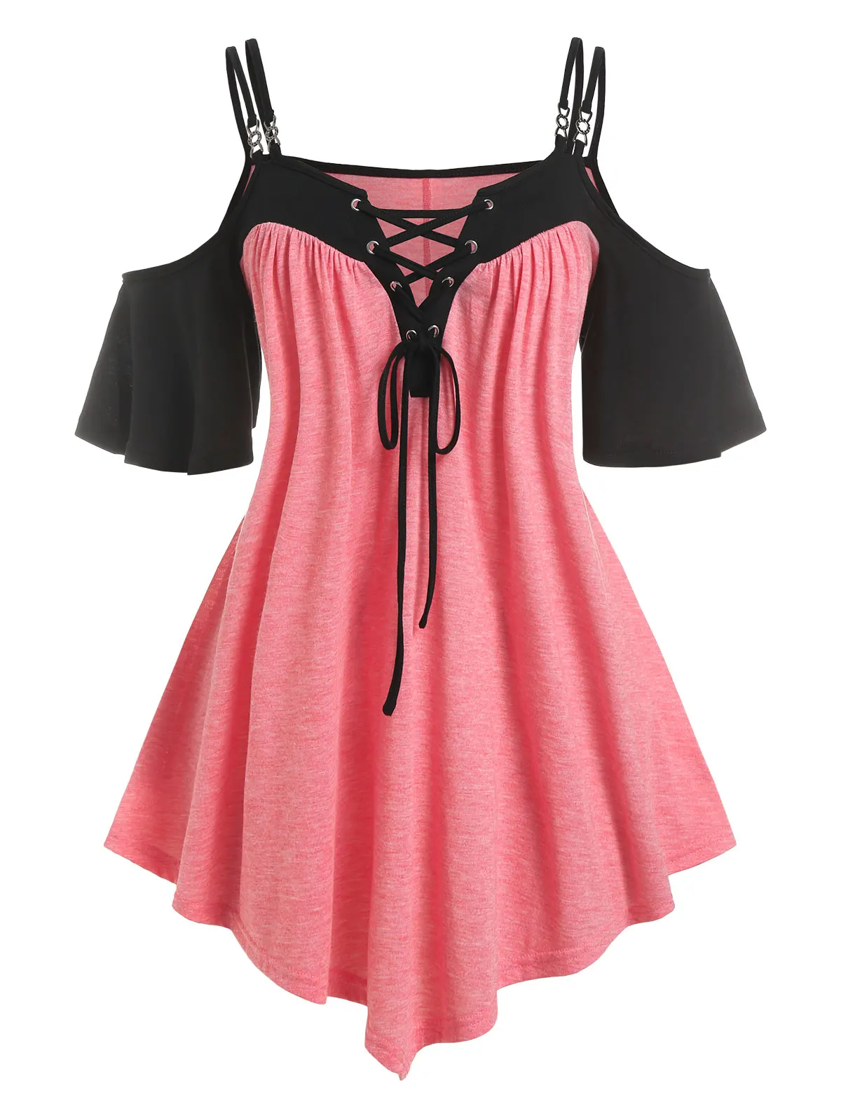 

Милая футболка на шнуровке, двухцветная Футболка с рукавами-крылышками, подходит для приятного мягкого материала, с открытыми плечами, двух...