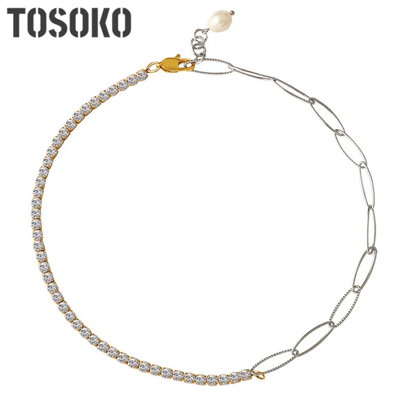 

TOSOKO Stainless Steel Jewelry Splicing Chain Inlaid With Zircon Freshwater Pearl Pendant Necklace Female BSP337