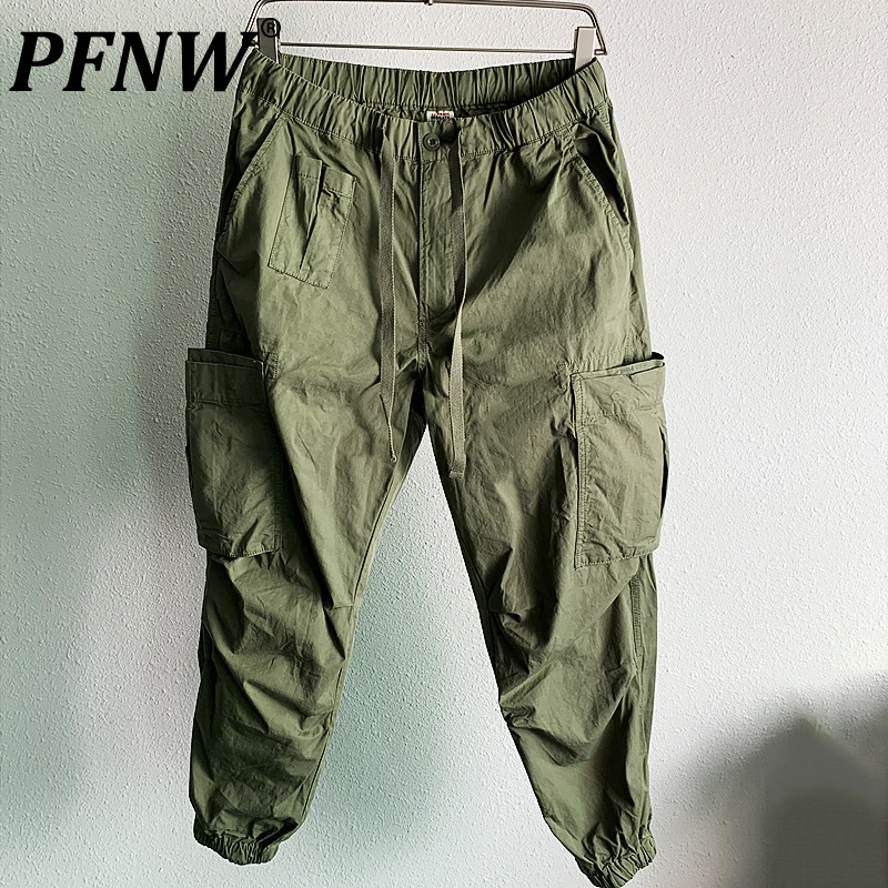 

PFNW Spring Autumn Men's Trendy Darkwear Ribbon Design Cargo Pants Leisure Techwear Drawstring Overalls Tapered Trousers 12A8258
