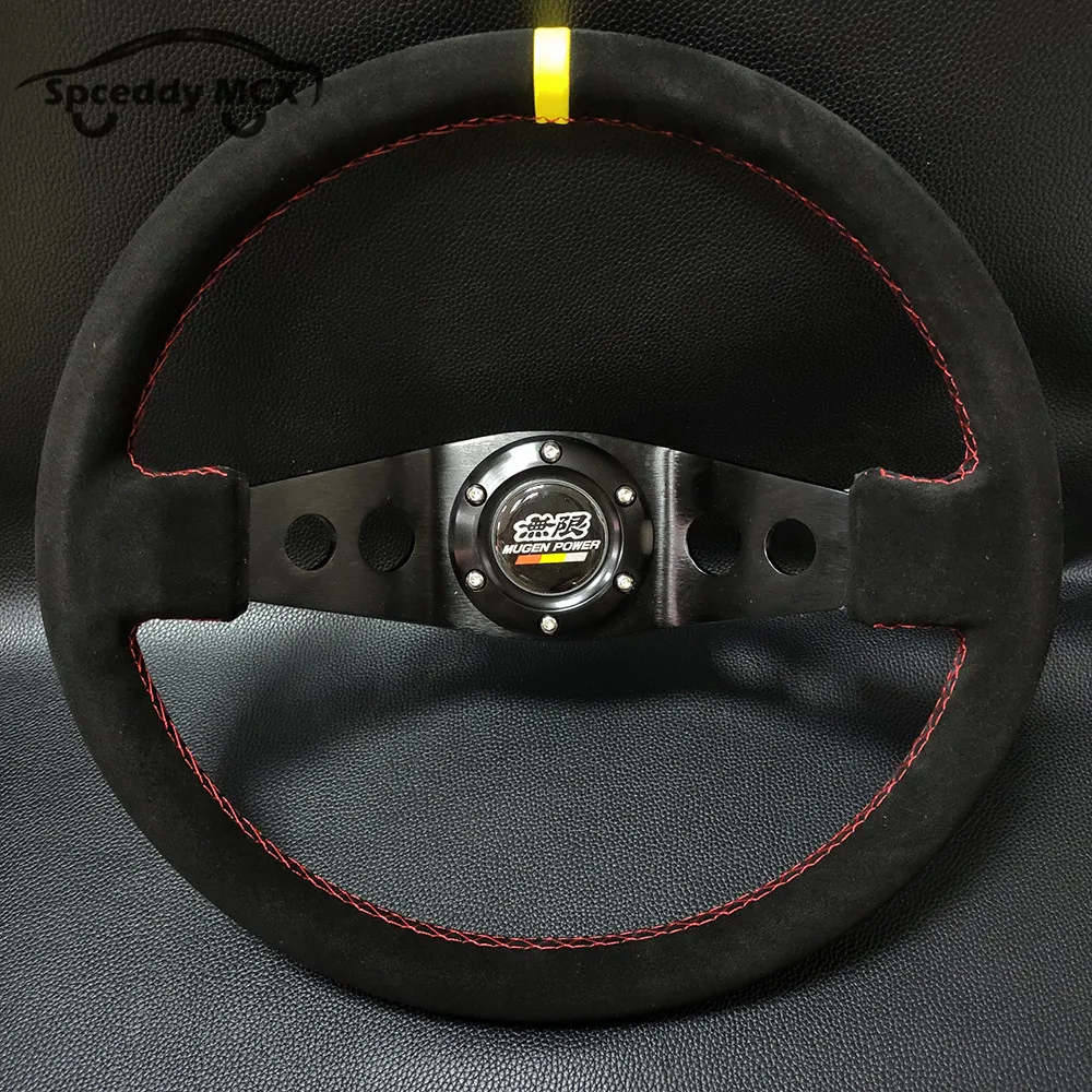 

Car Sport Black Thicken Spoke Suede Leather Mugen 14inch 350MM Racing Deep Dish Steering Wheel PCD 70MM 6 Holes