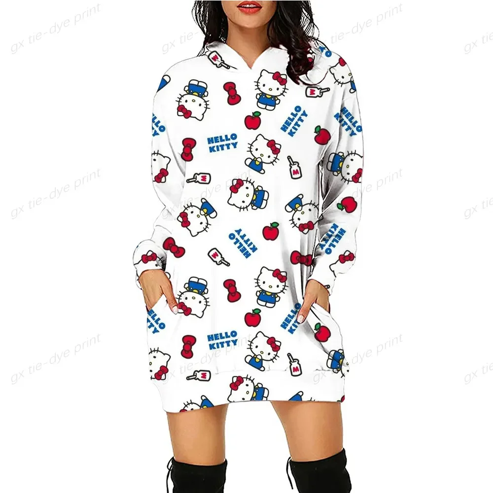 

Spring Autumn Hello Kitty Print Kawaii Hoodies Women Femme Y2k Sweatshirt Casual O Neck Long Sleeve Long Casual Hoodies Dress