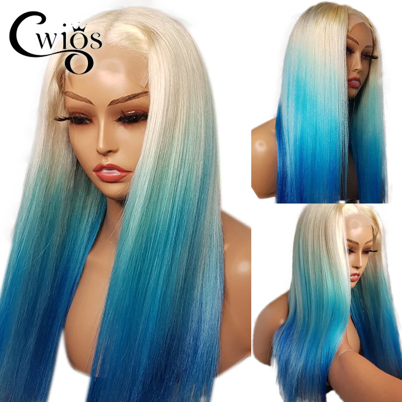 Long Straight Ombre Blue Honey Blonde Colored Transparent Synthetic 13X4 Lace Front Wigs For Women Preplucked Drag Queen Party