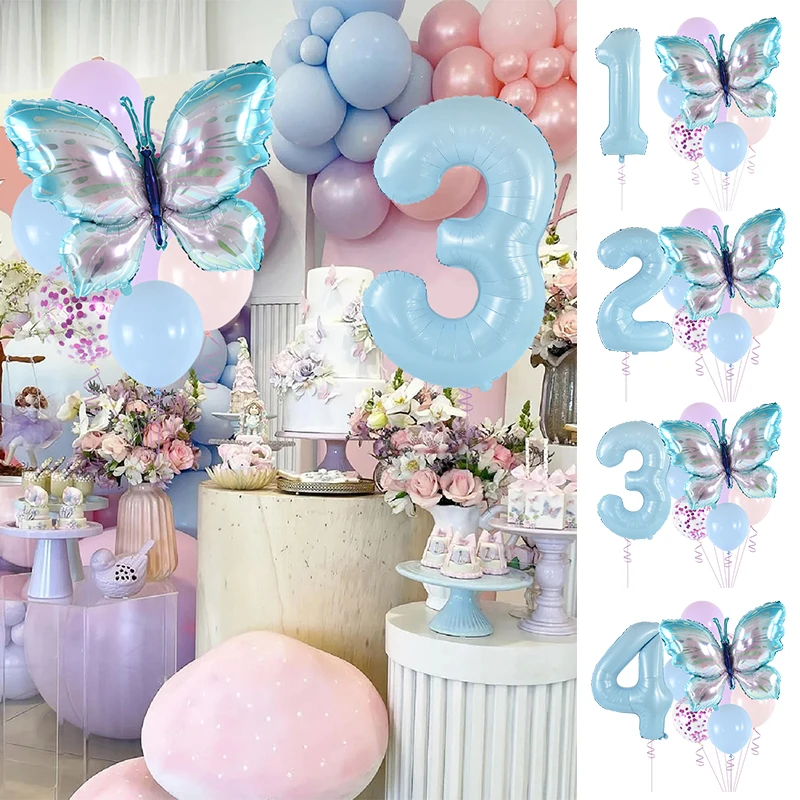

9pcs Butterfly Number Foil Balloon Blue Purple Latex Ballon Set Wedding Birthday Party Decoration Kids Baby Shower Helium Globos