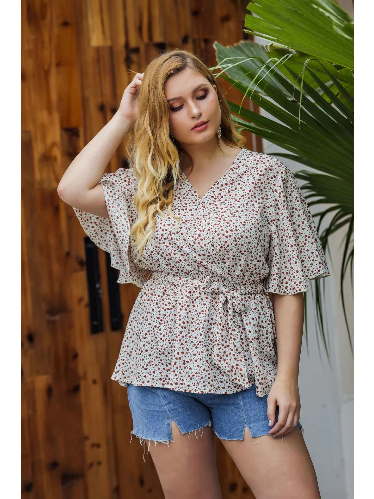 New Fashion Short Sleeve Small Fresh Shirt Women's Dot V-Neck Polka Dot Large Top plus size feminino  t-shirts