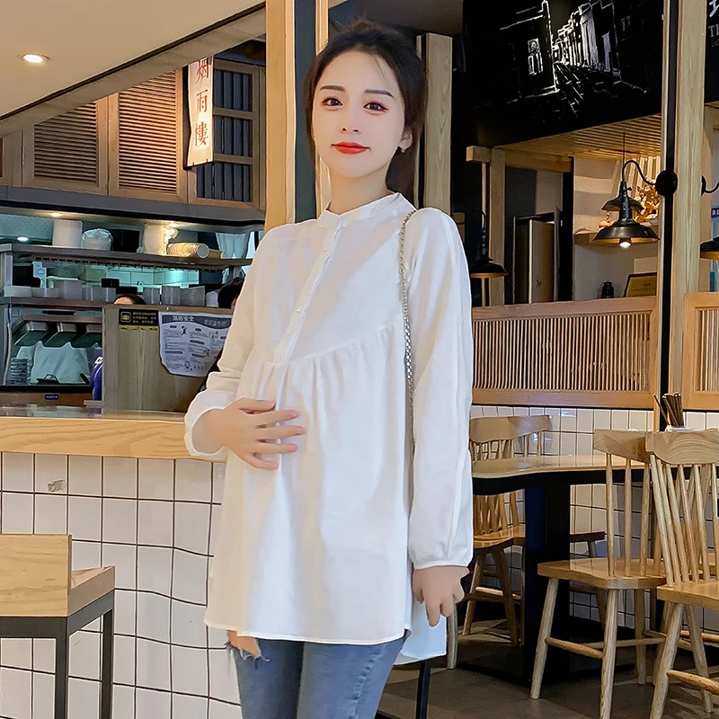 

Autumn Spring Cotton Linen Maternity Blouses Long Sleeve A Line Loose Shirt Clothes for Pregnant Women OL Work Pregnancy Tops