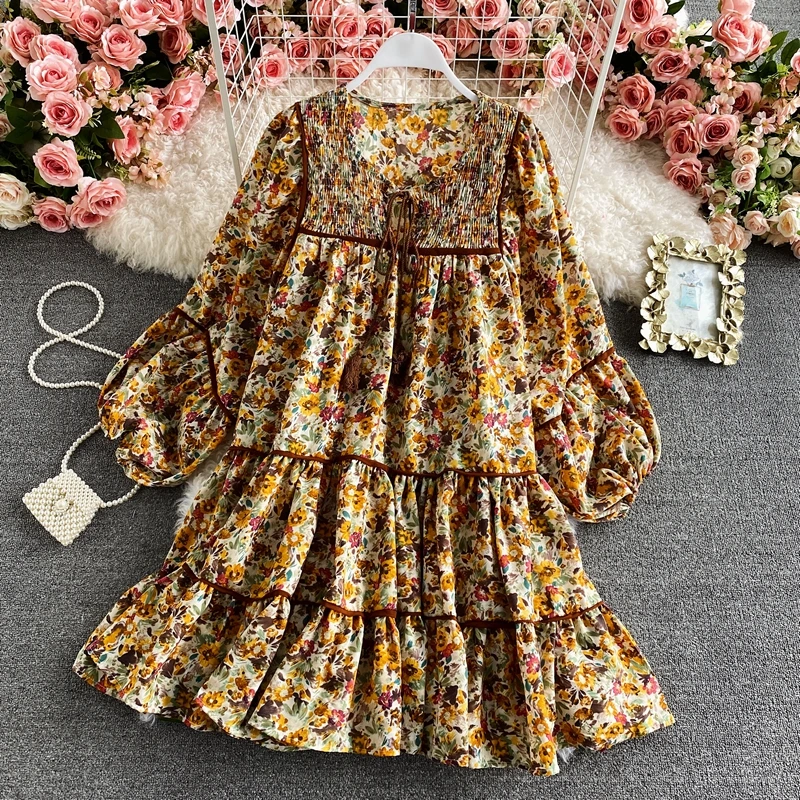

Spring New Forest Style Pastoral Style Retro Loose Square Neck Floral Thin Dress