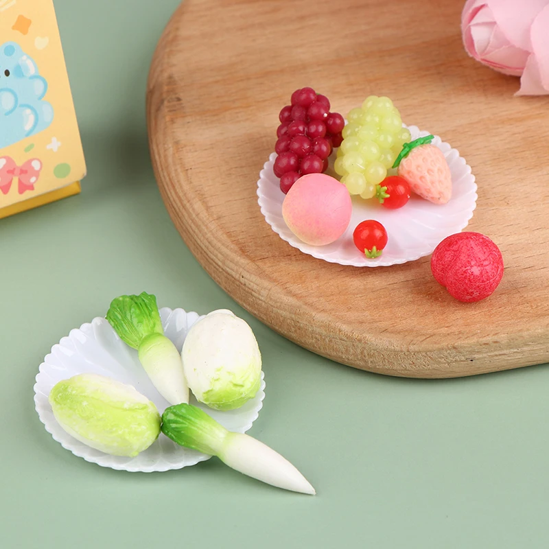 

1Set 1:12 Dollhouse Miniature Fruit Platter Vegetable Platter Simulation Cabbage Radish Grape Peach With Tray Kitchen Model Toy
