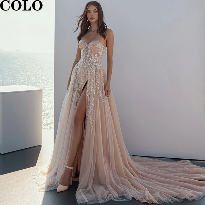 

Wedding Dress 2022 Beach Sweetheart Wedding Dresses For Women A Line Applique Lace Bridal Dress Side Slit Boho Robe De Mariee