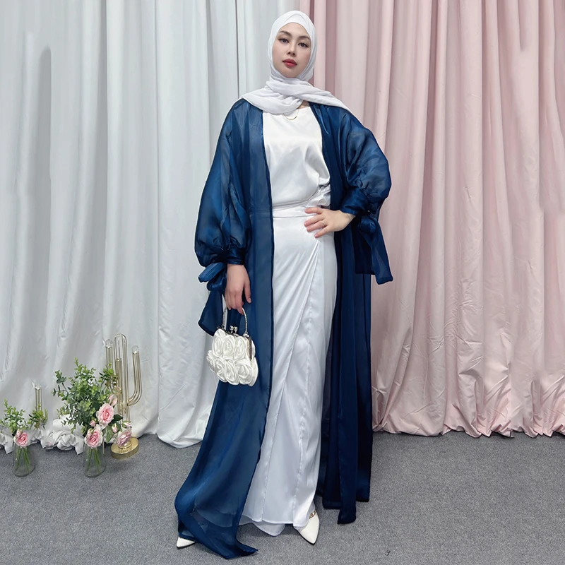 Ramadan Eid Open Abaya Kimono Summer Turkey Abayas for Women Satin Puff Sleeve Muslim Long Hijab Arabic Dress Islam Dubai Kaftan