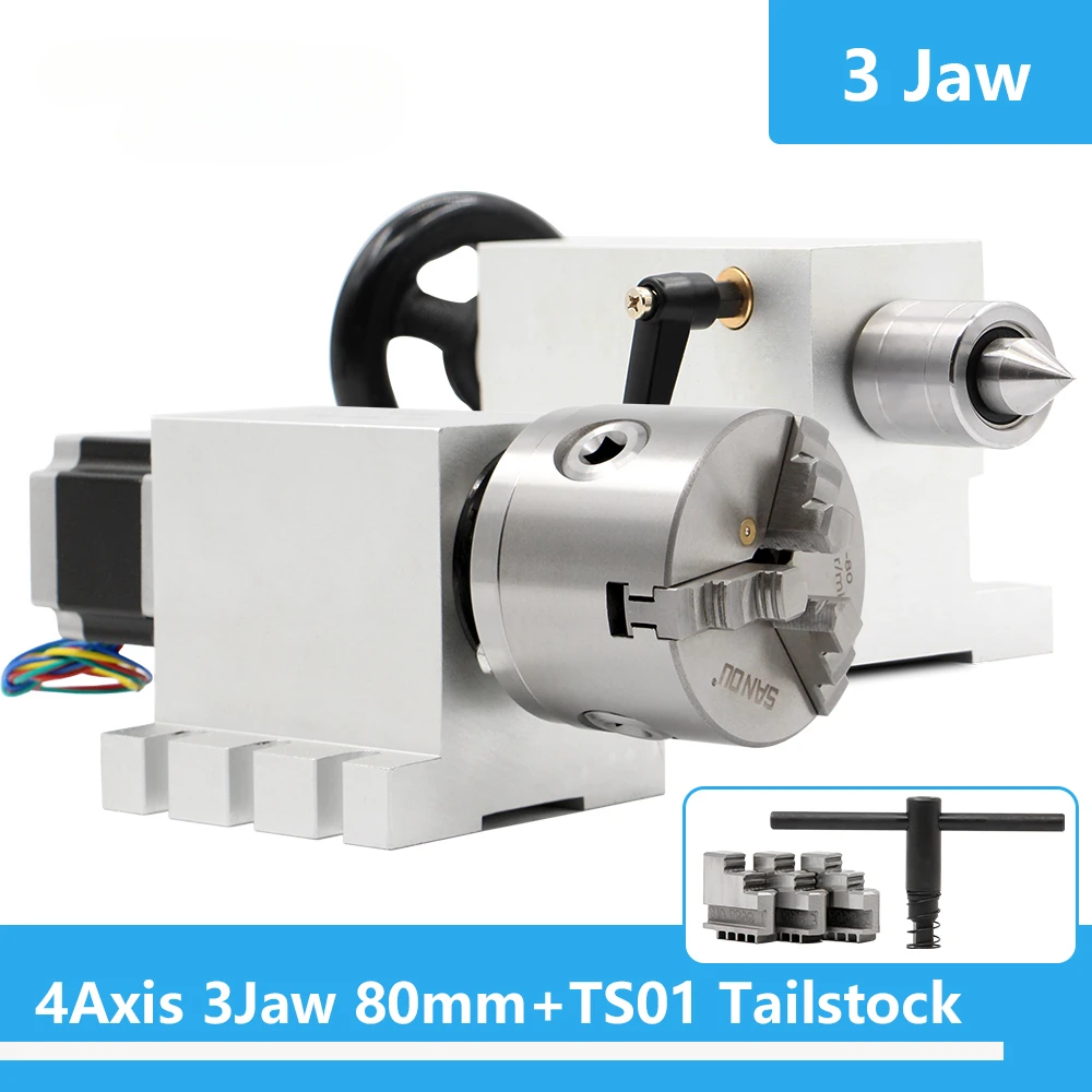 

3 Jaw 80mm CNC 4th Axis Dividing Head/Rotation Axis/A Axis Kit Nema23 Gapless Harmonic Gearbox + Tailstock