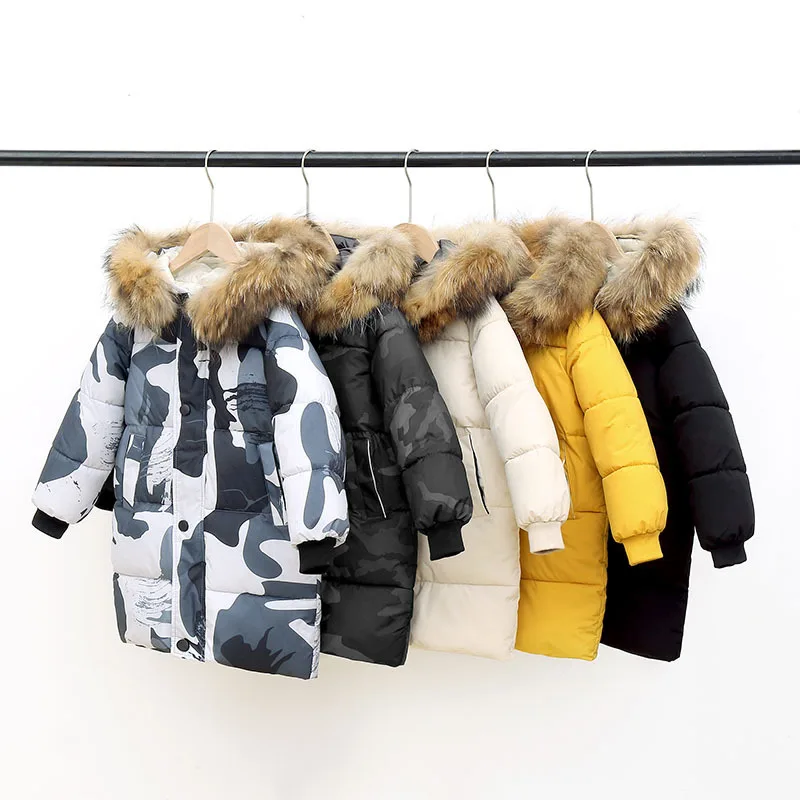 Children's Hooded Down Cotton Jacket Boys' Cotton Outwear Coats Medium Long Girls' Thickened Winter Parkas Kids Fur Collar Coat