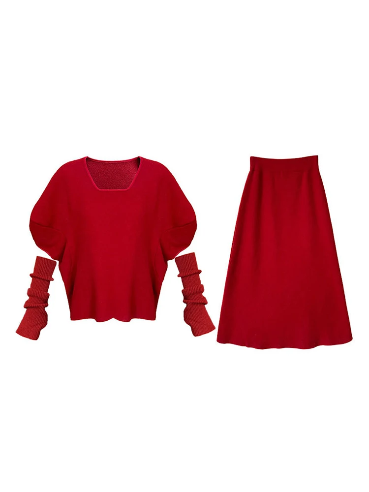 [LANMREM] Вязаный комплект из 2 предметов женский пуловер с круглым вырезом и