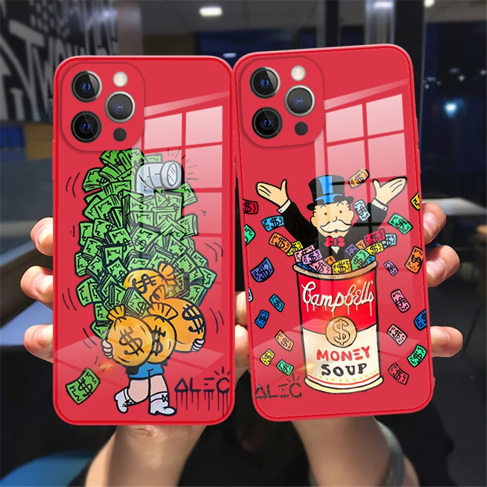 

Catoon Dollar Alec Monopoly Tempered Glass Phone Case For iPhone 11 12 13 Pro Max 12 13 Mini Candy color Red reflective case