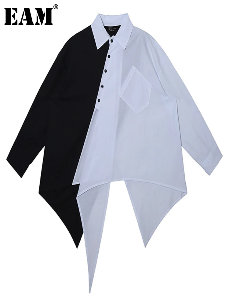 

[EAM] Women Black Color-block Irregular Big Size Blouse New Lapel Long Sleeve Shirt Fashion Tide Spring Autumn 2022 1DE6922