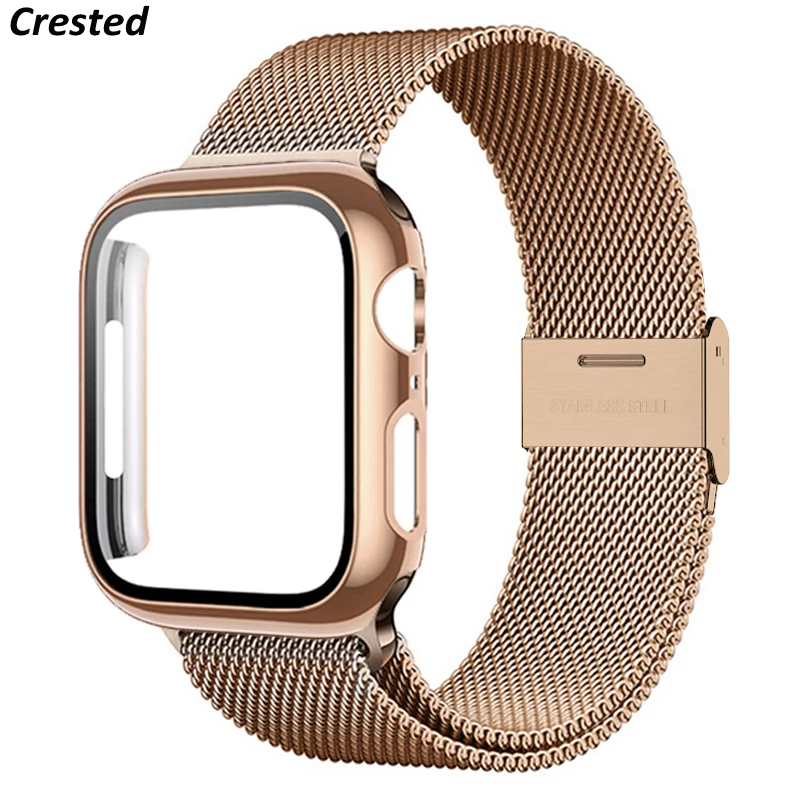 

Стекло + чехол + ремешок для Apple watch band 44 мм 40 мм 45 мм 41 мм 38 мм 42 мм, металлический магнитный браслет-петля для iwatch series 3 8 5 se 6 7, ремешок