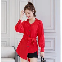 2022 irregular blouse new summer long womens shirt cufflinks single breasted solid v neck thin chic design fashion trend tops
