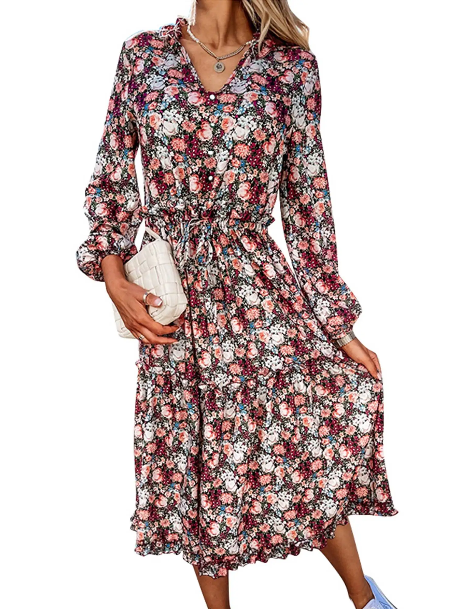 

Casual Retro Floral Print Women Loose Dresses Summer Sexy V Neck Midi Dress Fashion Elegant Lady Holiday Party Dresses 2022